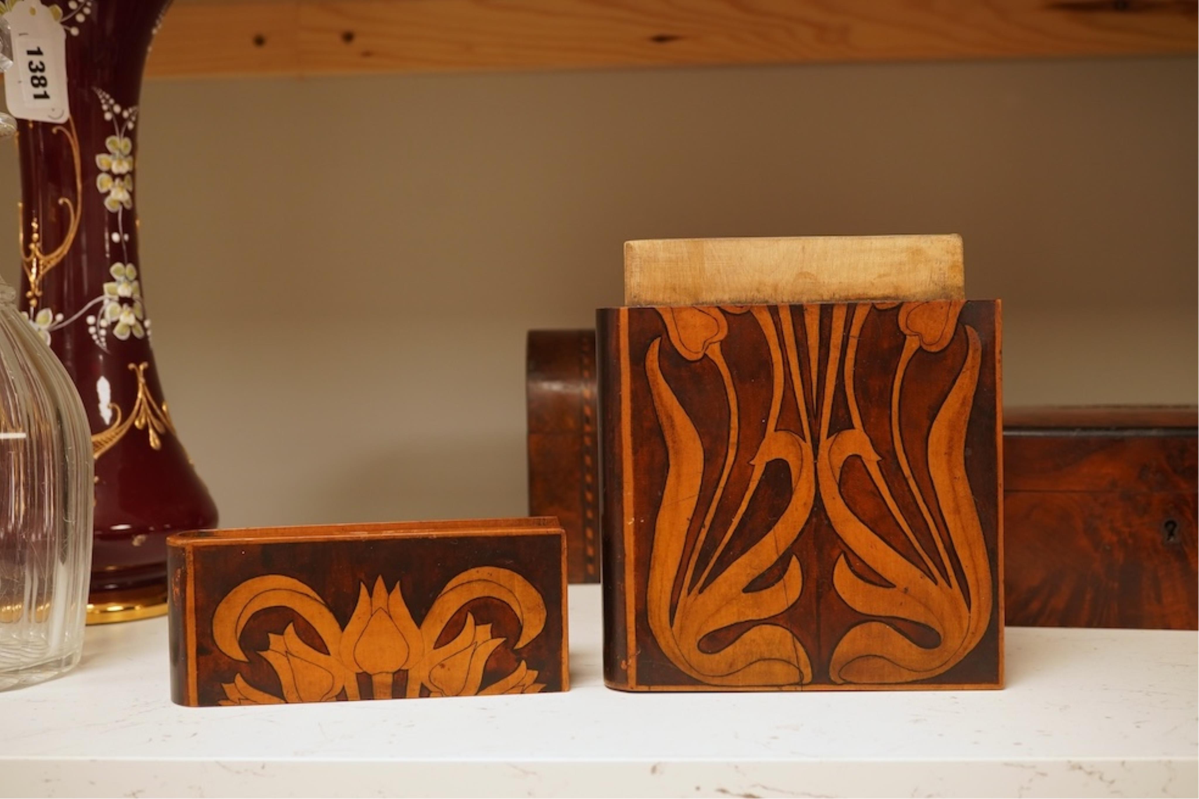 A 19th century French thuya box, Victorian tea caddy and an Art Nouveau book-shaped box, largest 20cm high